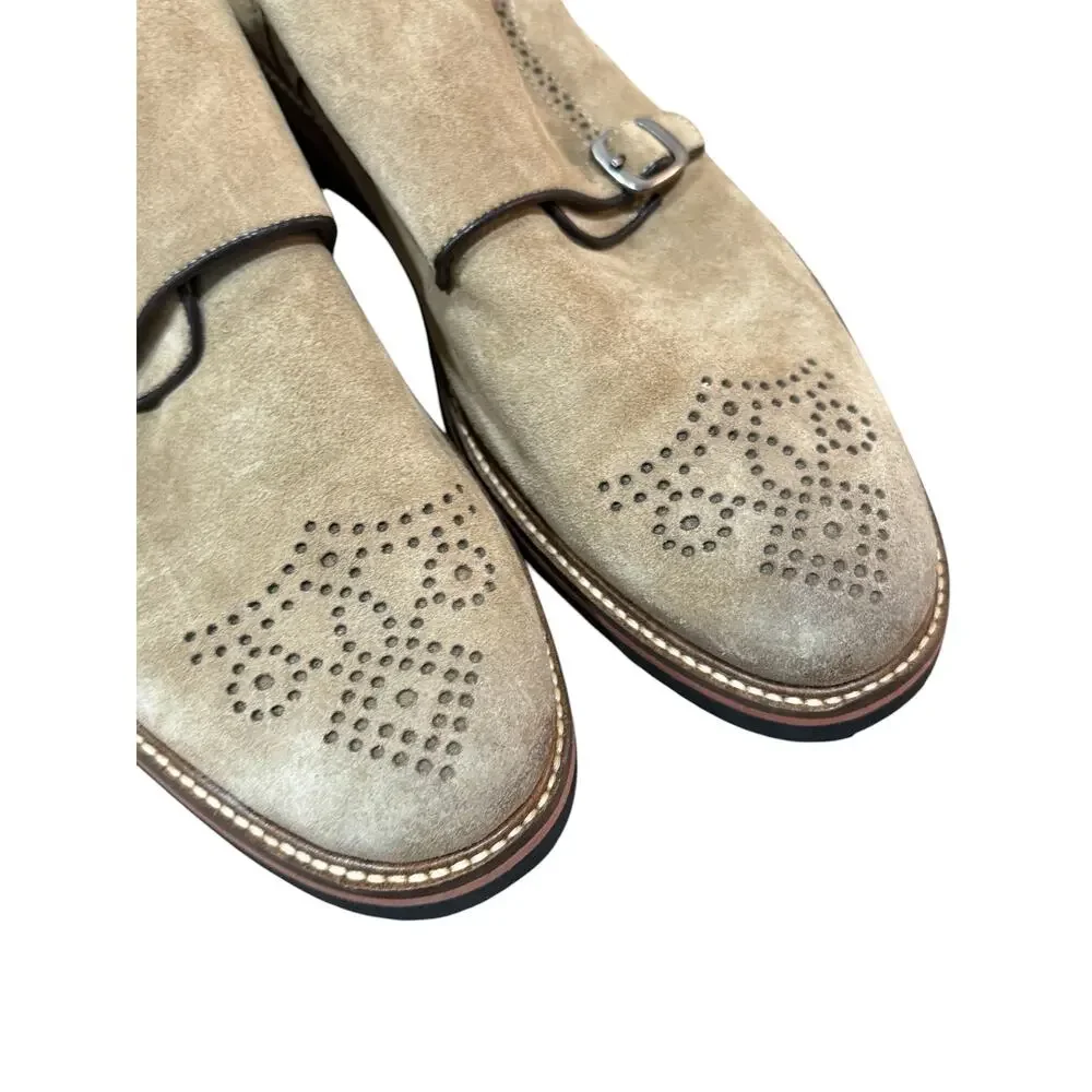 Martin Dingman Double Monk Strap Suede Shoes Mens 10 Tan Wingtip Vibram Lug Sole